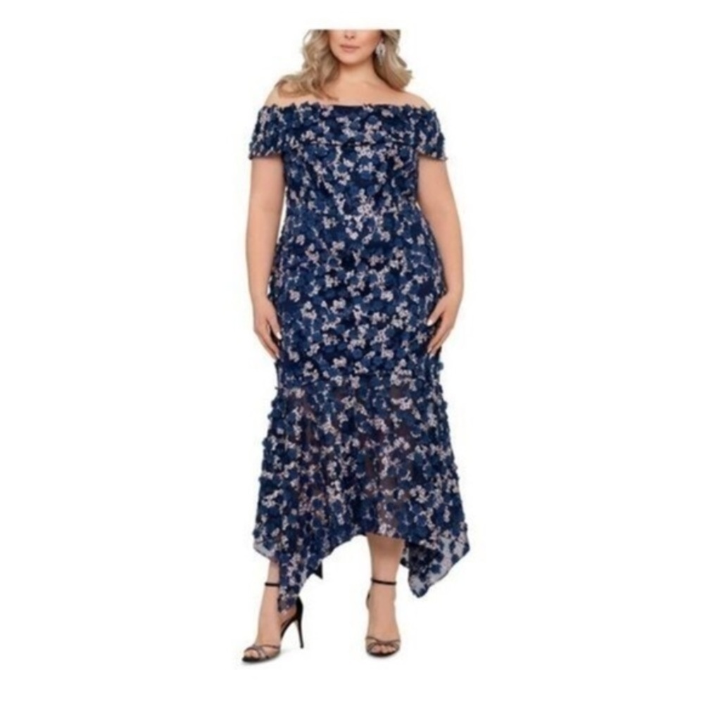 Xscape Plus Embroidered 3D Flower Off the Shoulder Flounce Dress in Blue Multi